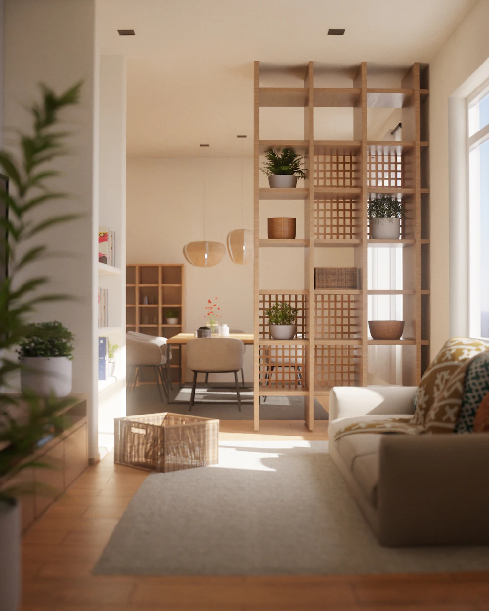 Salón luminoso con separador de madera
